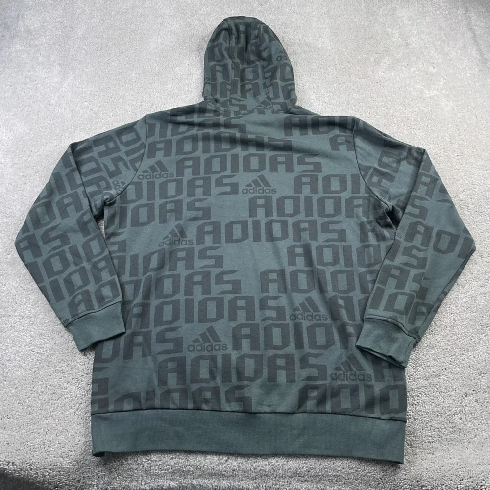 Adidas Hoodie Mens Medium Grey Logo AOP French Terry‎ Pullover Sweatshirt